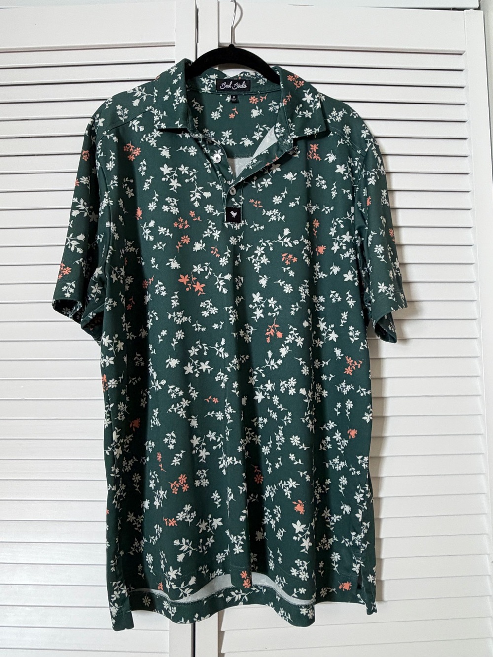 Bad Birdie Dark Green Floral Polo with White and Coral Accents